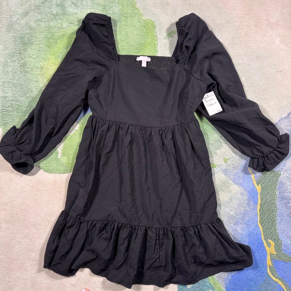 Chelsea28 Black Square Neck Long Sleeve Ruffle Mini Dress CH497977MI NWT